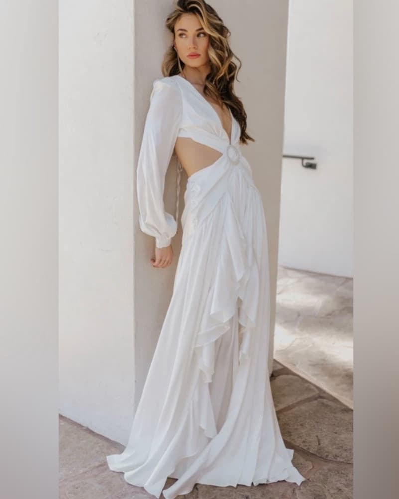 Ruffle Cut Out Maxi Dress in White - Image 2