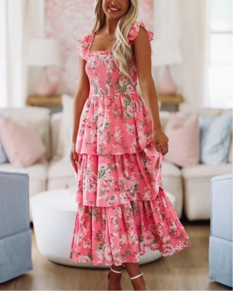 Elegant Floral Tiered Midi Dress - Image 1