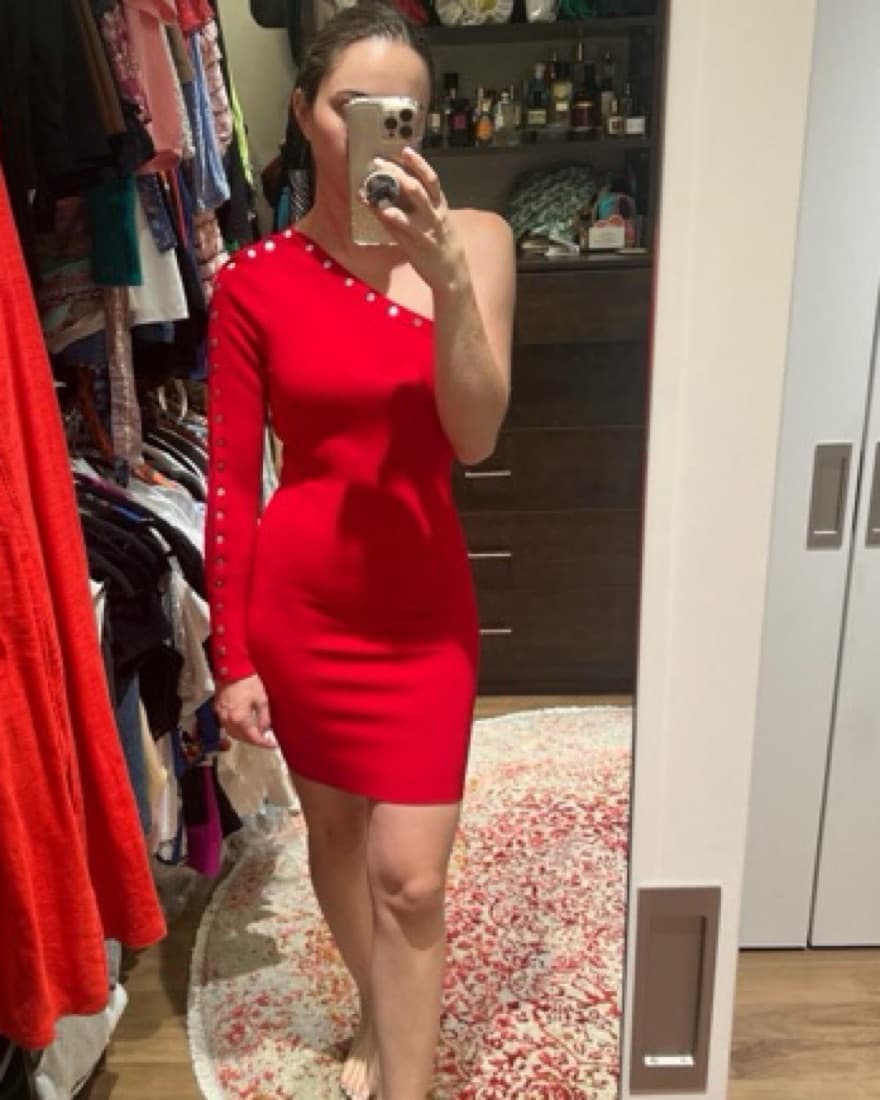 Red One Sleeve Embellished Dress - Image 1