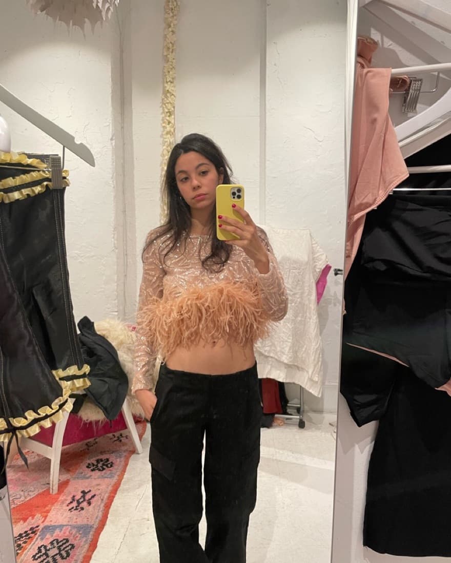 Peach Pink Feather Sequin Dana Foley Top - Image 1