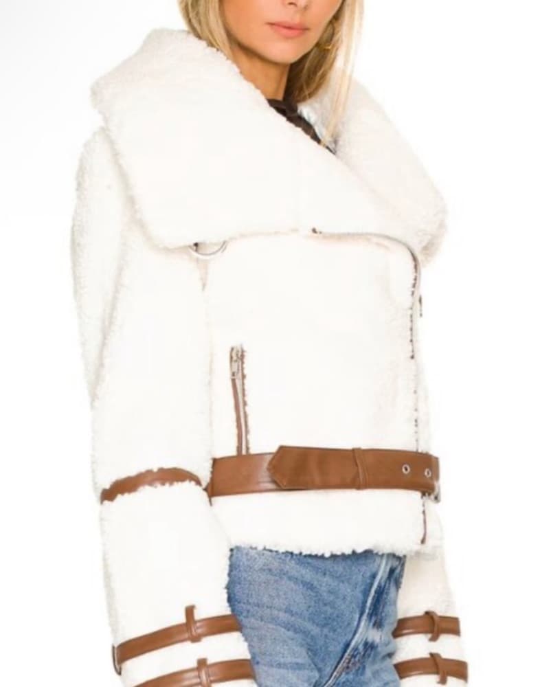 Cream Sherpa Cropped Jacket with Brown Straps - Image 2