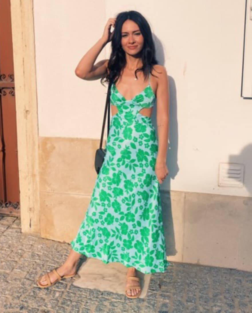 Green Blue Floral Cutout Satin Midi  - Image 1