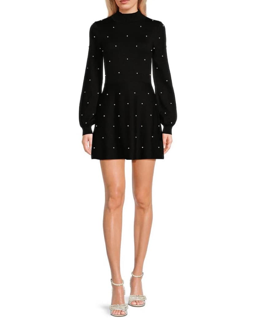 Black Long Sleeve Pearl Sweater Dress - Image 1