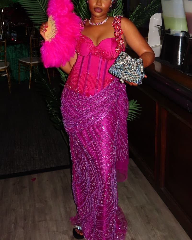 Glamorous Fuchsia Feather Gown - Image 1