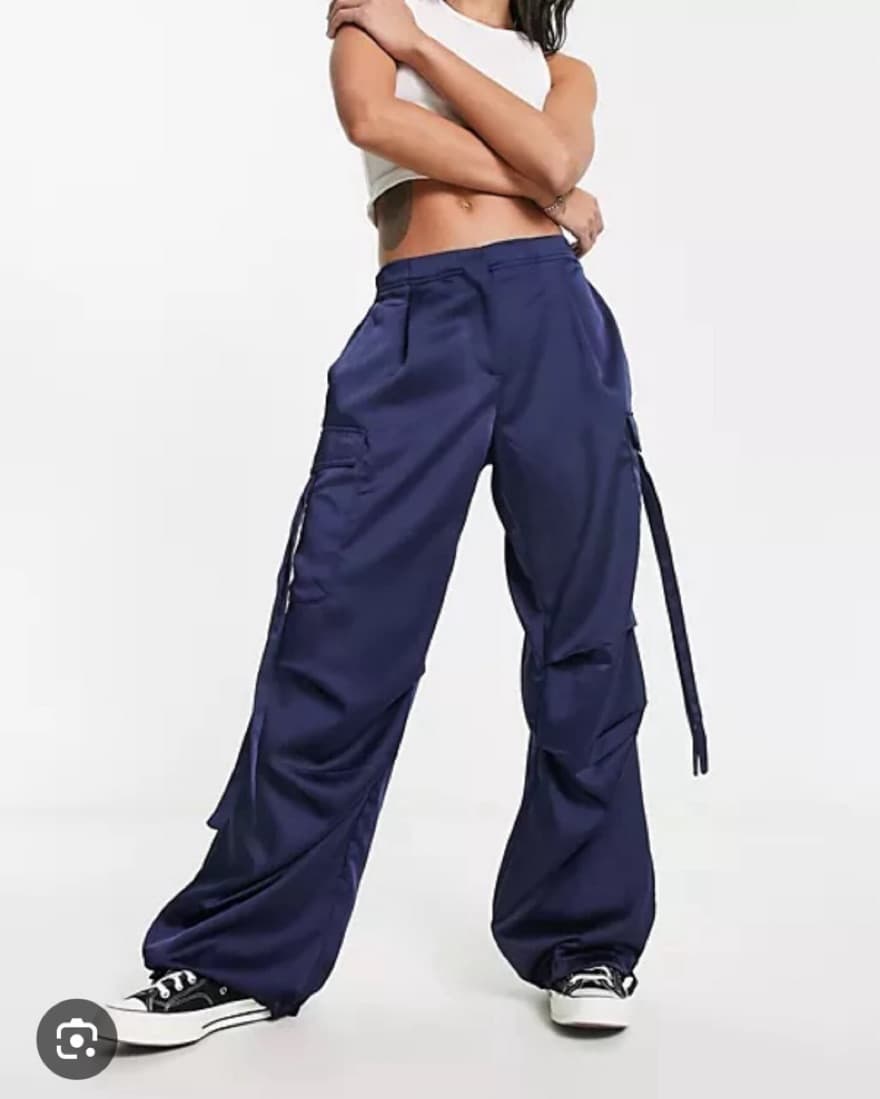 Navy Satin Cargo Pants - Image 1