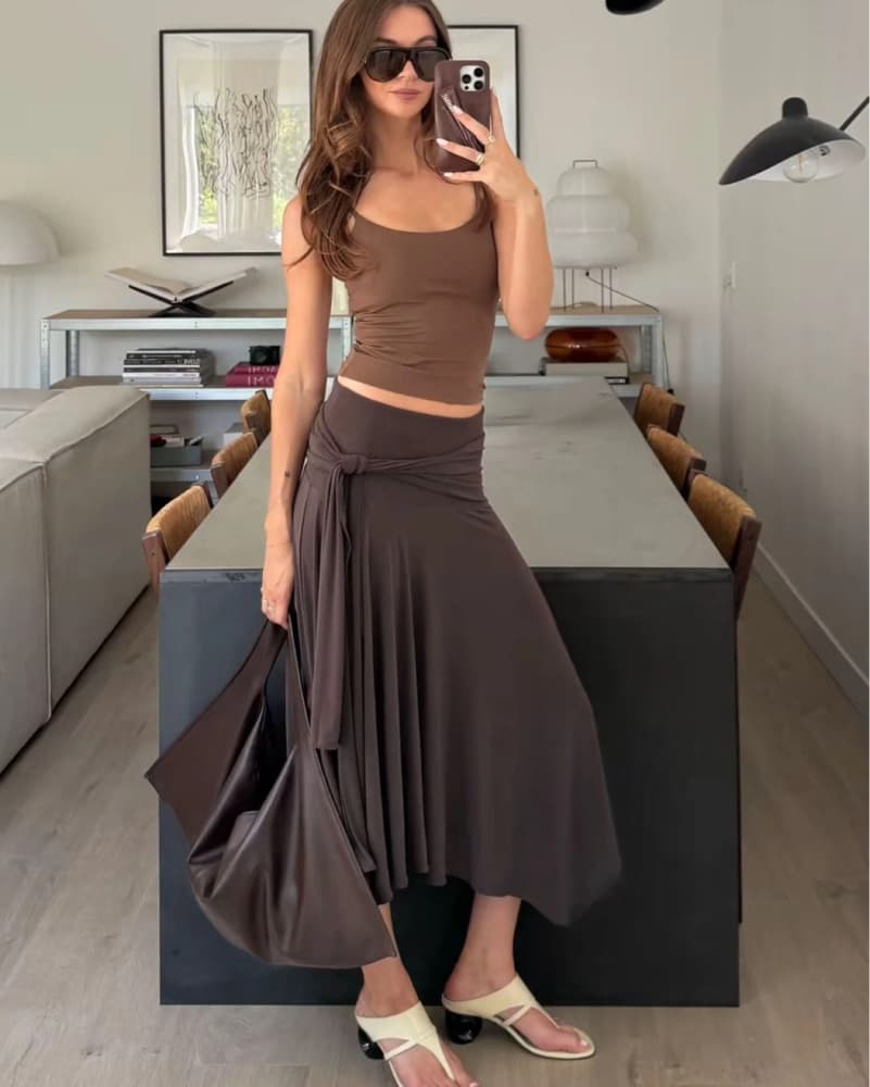 Belted Detail Brown Flowy Midi Skirt  - Image 1
