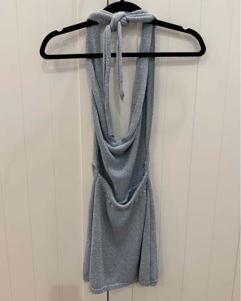 Blue Metallic Knit Halter Mini Dress - Image 3