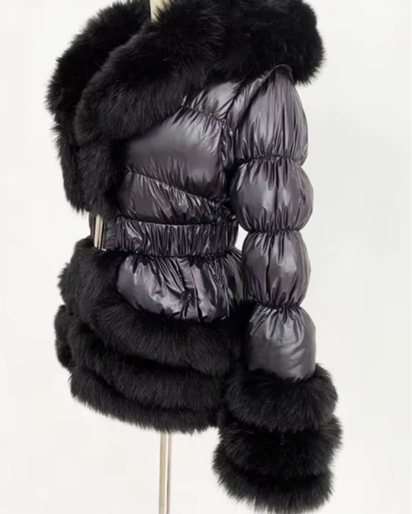 Black Fox Fur Trim Puffer Jacket  - Image 2