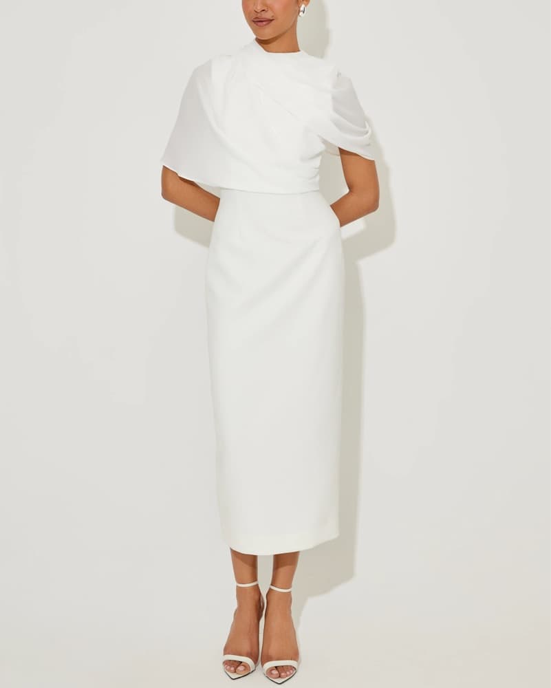 Odd Muse White Gathered Midi Dress - Image 1