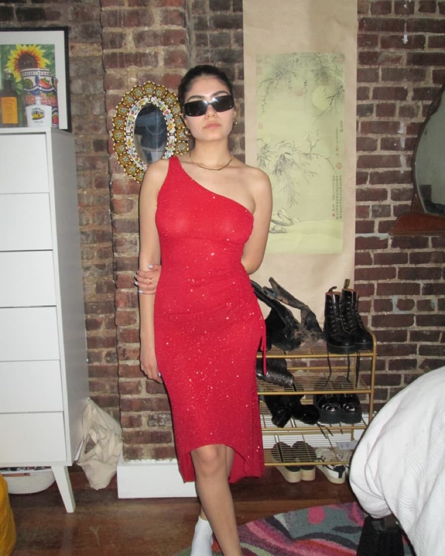 Red Shimmery Asymmetric Dress - Image 1