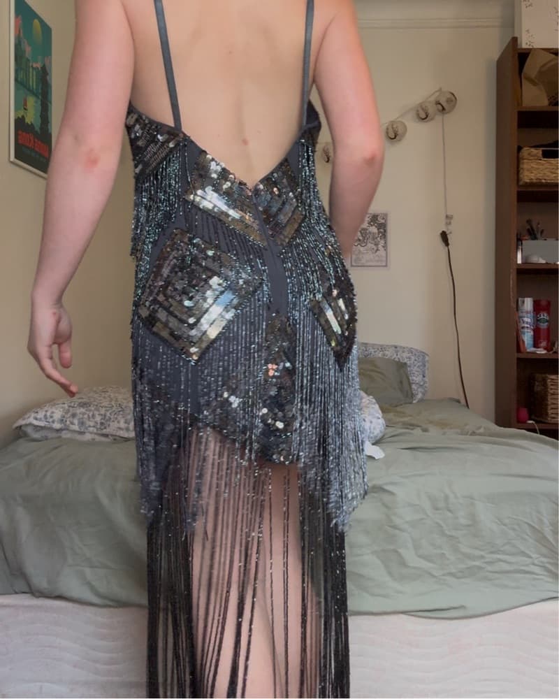 Blue and Grey Asos Beaded Dress - Image 5
