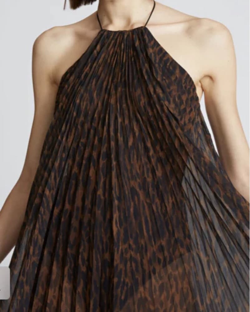 Halston Silk Leopard Print Pleated Dress - Image 4