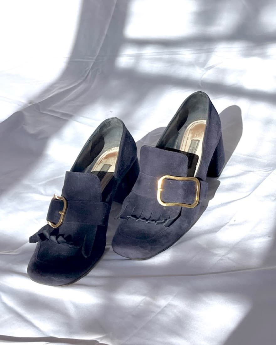Prada Navy Suede Heeled Loafers - Image 2