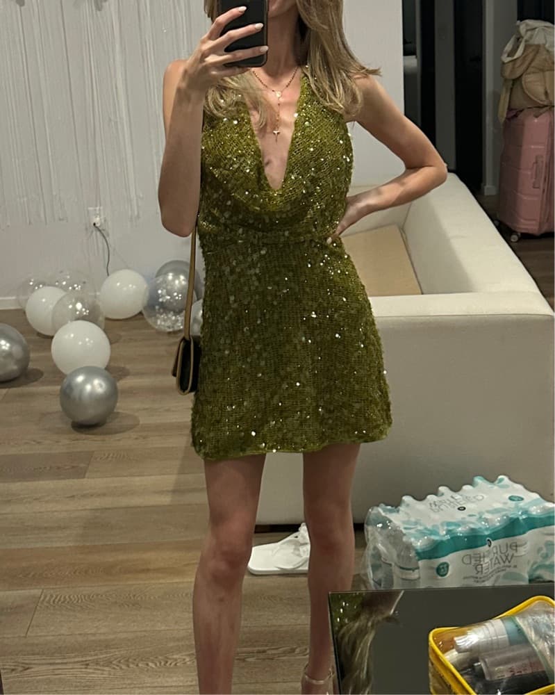 Olive Green Sequin Mini Dress - Image 2