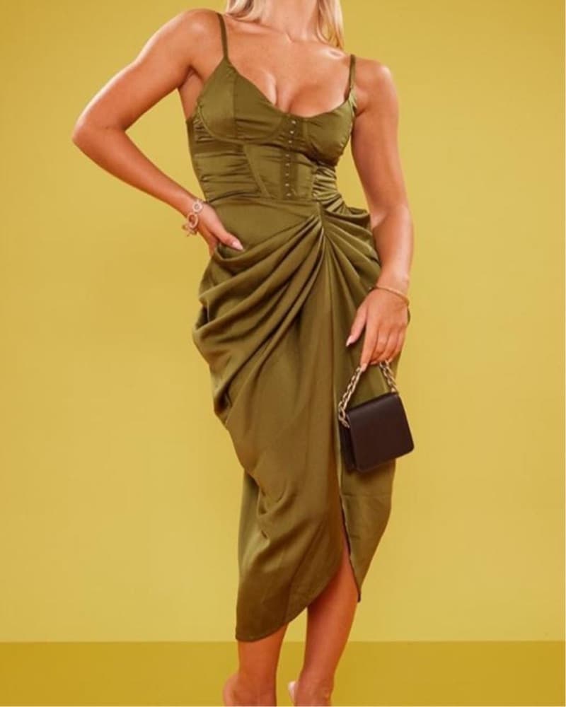 OLIVE HAMMERED SATIN HOOK & EYE DETAIL   - Image 2
