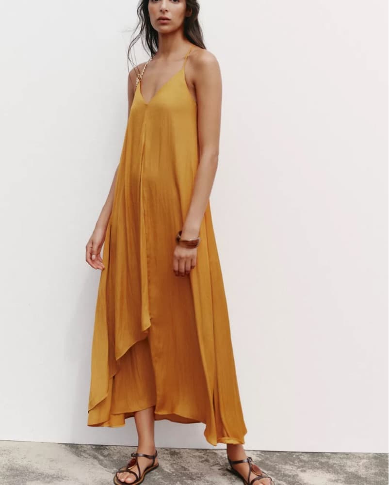 Orange Flowy Dress With Gold Flower - Image 3