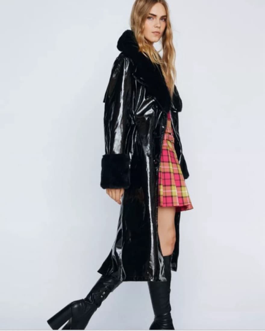 Faux Fur Collar Vinyl Trench - Image 3
