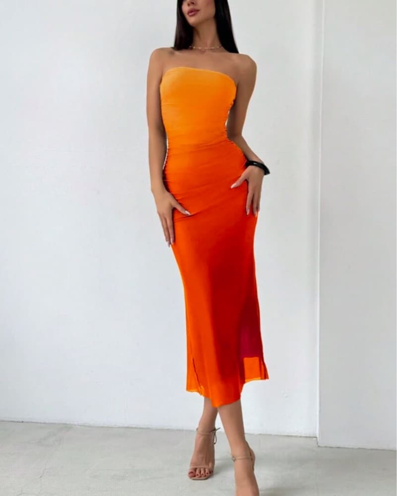 Orange, Yellow, Red Strapless Dress - Image 3