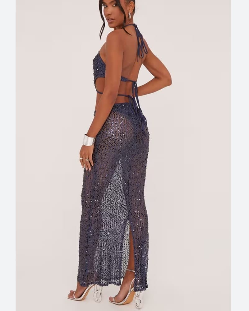 Blue Sequin Halter Cutout Maxi Dress - Image 4