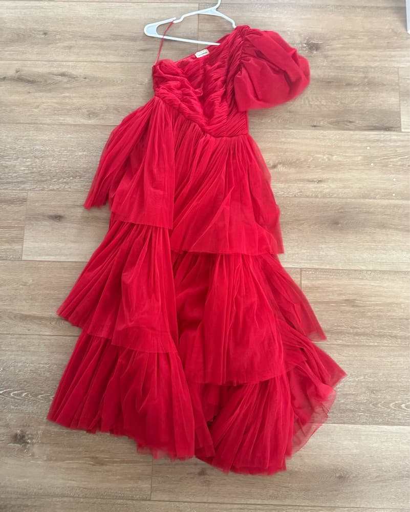 Red Tiered Tulle Gown - Image 1
