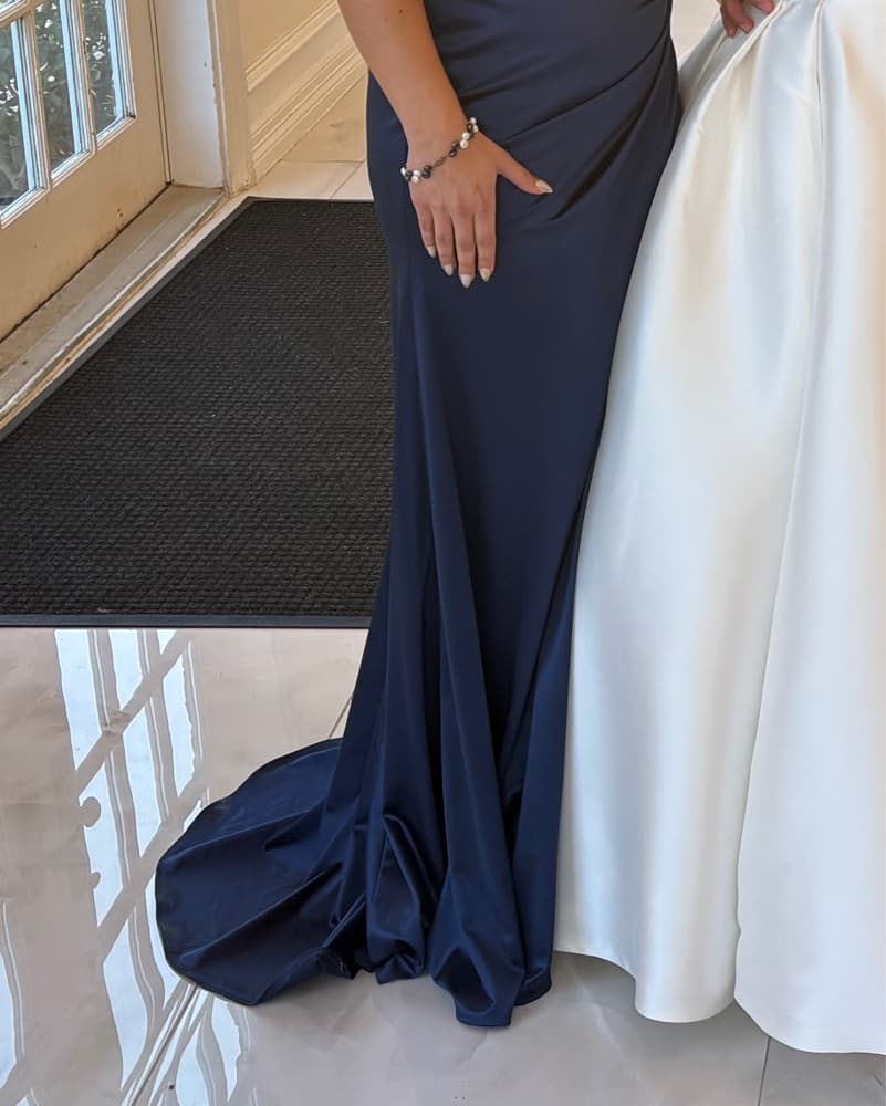 Navy Blue Satin Lace-Up Formal Dress - Image 5