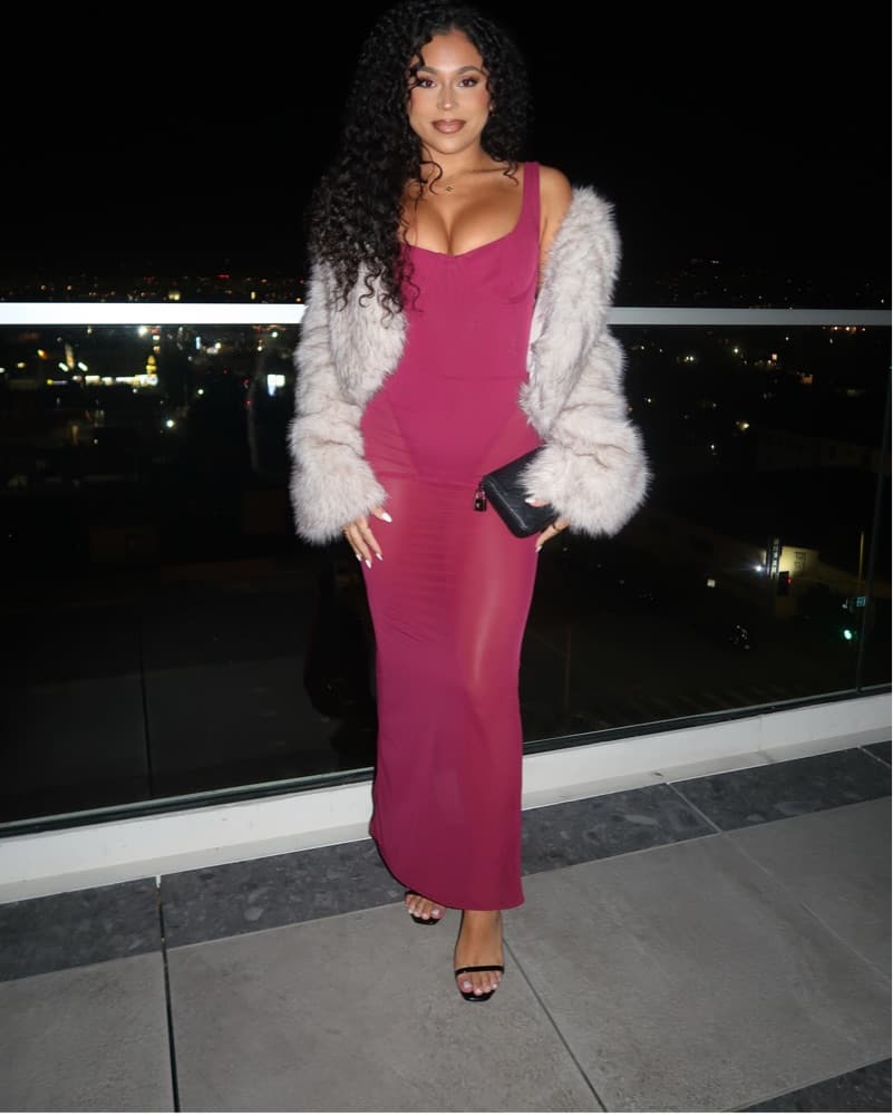 Luxurious Fuchsia Maxi Dress with Fluffy Faux Fur Coat - Image 1