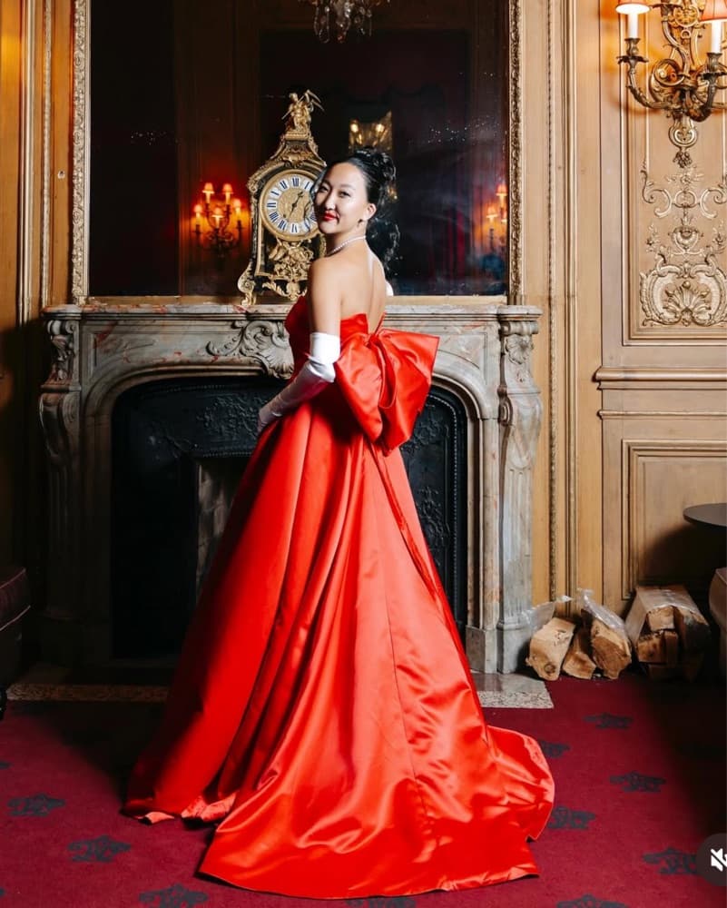 Red Lace Up Formal Gown With Bow  - Image 1
