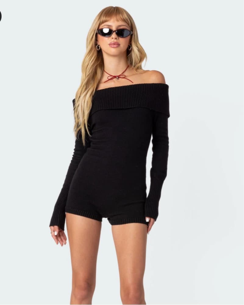 Black Off-Shoulder Knit Romper - Image 1