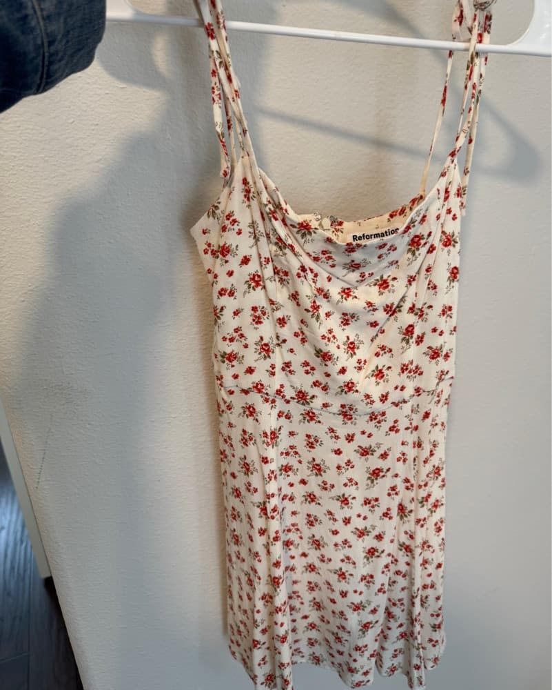 Reformation Red Floral Mini Dress W Ties - Image 2