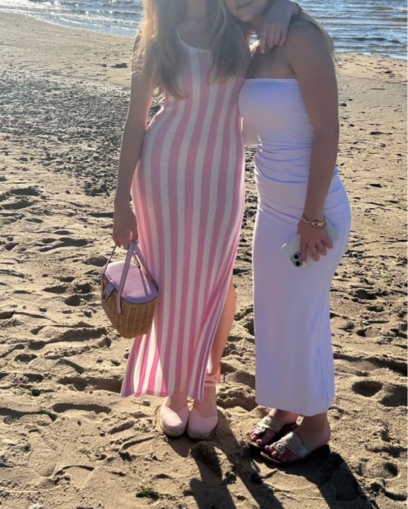 Pink And White Solid And Striped Dress - Image 2
