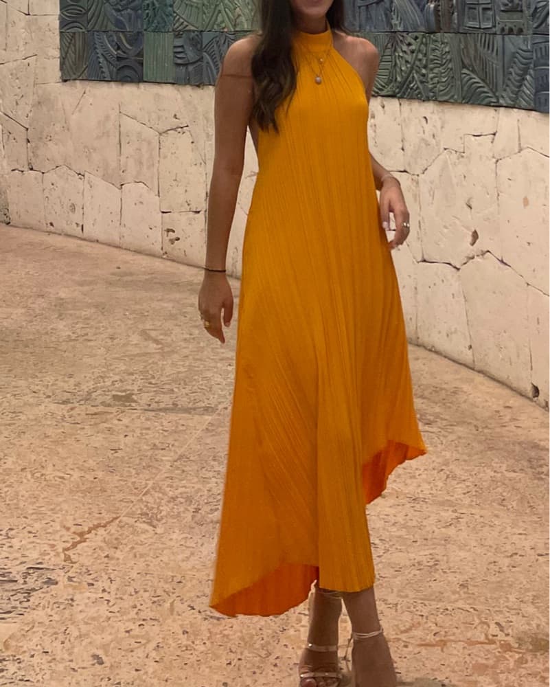 Orange/ Yellow Pleated Dress - Image 5