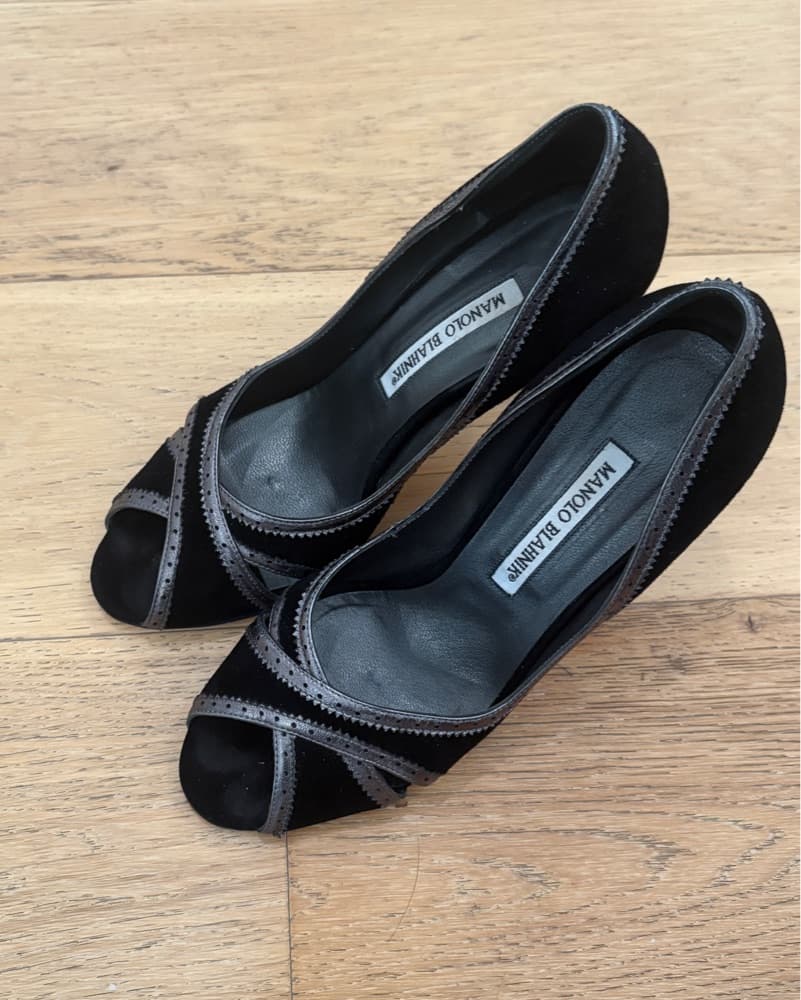 Black Manolo Velvet Peep-Toe Pumps - Image 3