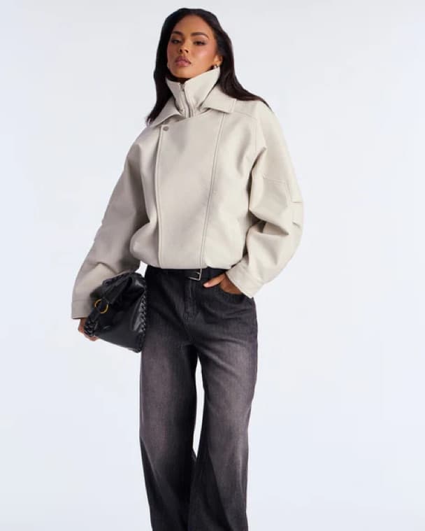 Off White Faux Leather Jacket - Image 3