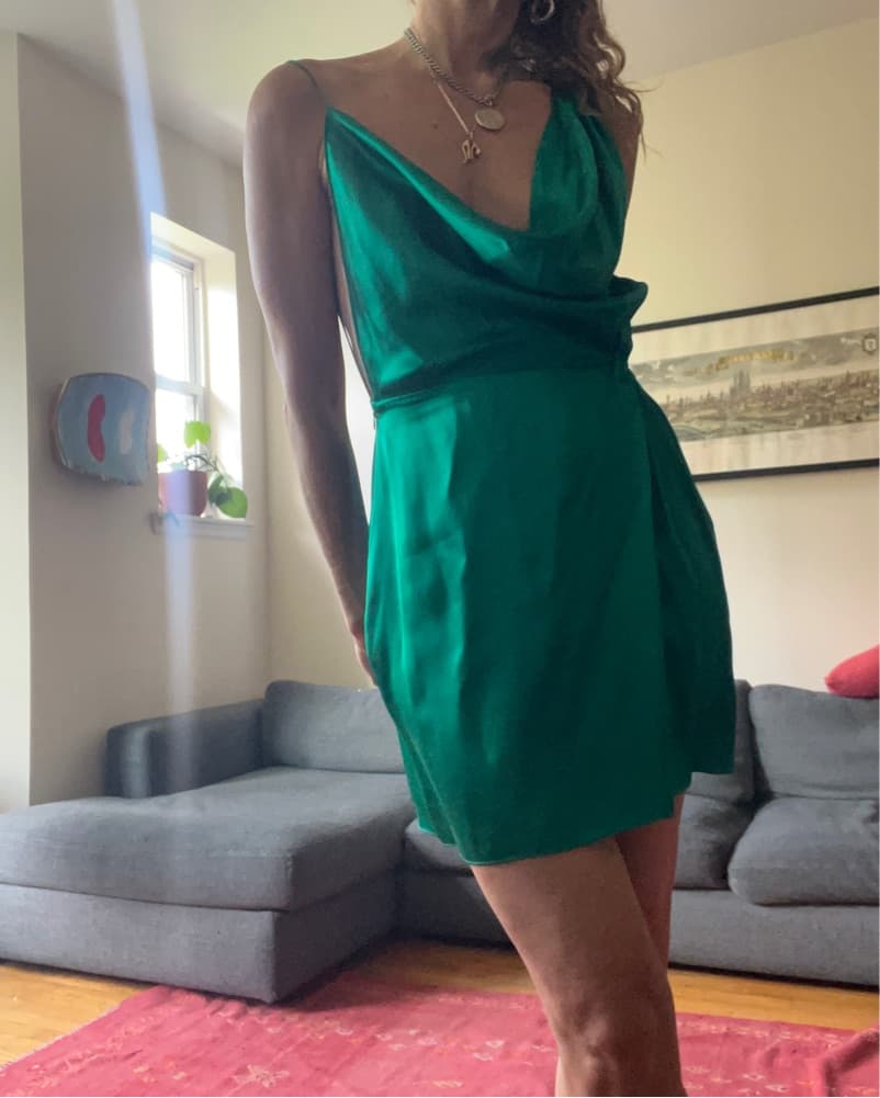 Captivating Green Silk Mini Dress - Image 4