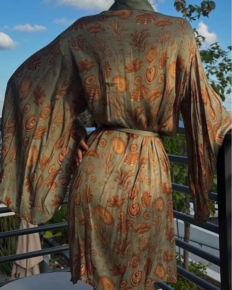 Green Silk Shell Print Kimono Coverup - Image 2