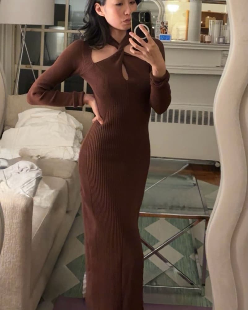 Chocolate Brown Ribbed Knit Midi Dress – - Image 4