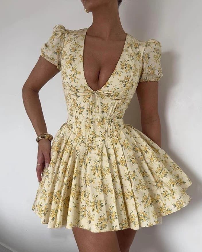 Yellow Floral Corset Mini Dresss - Image 1