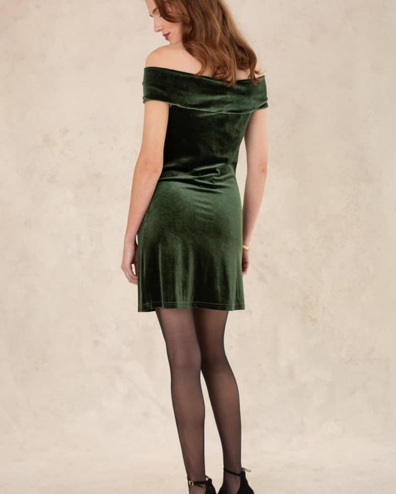 Dark Green Velvet Off The Shoulder Mini  - Image 3