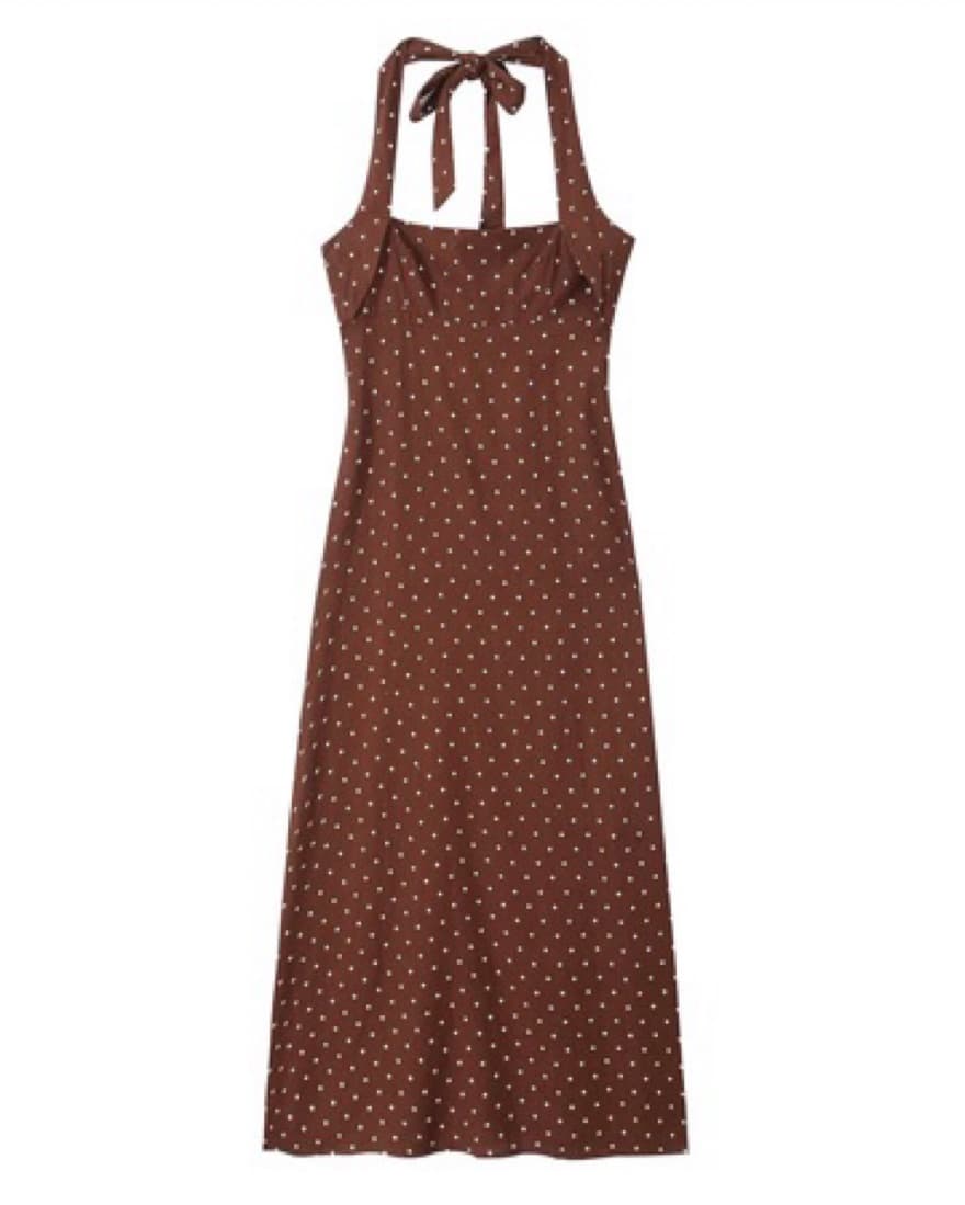 Brown Polka Dot Halter Midi Dress  - Image 3