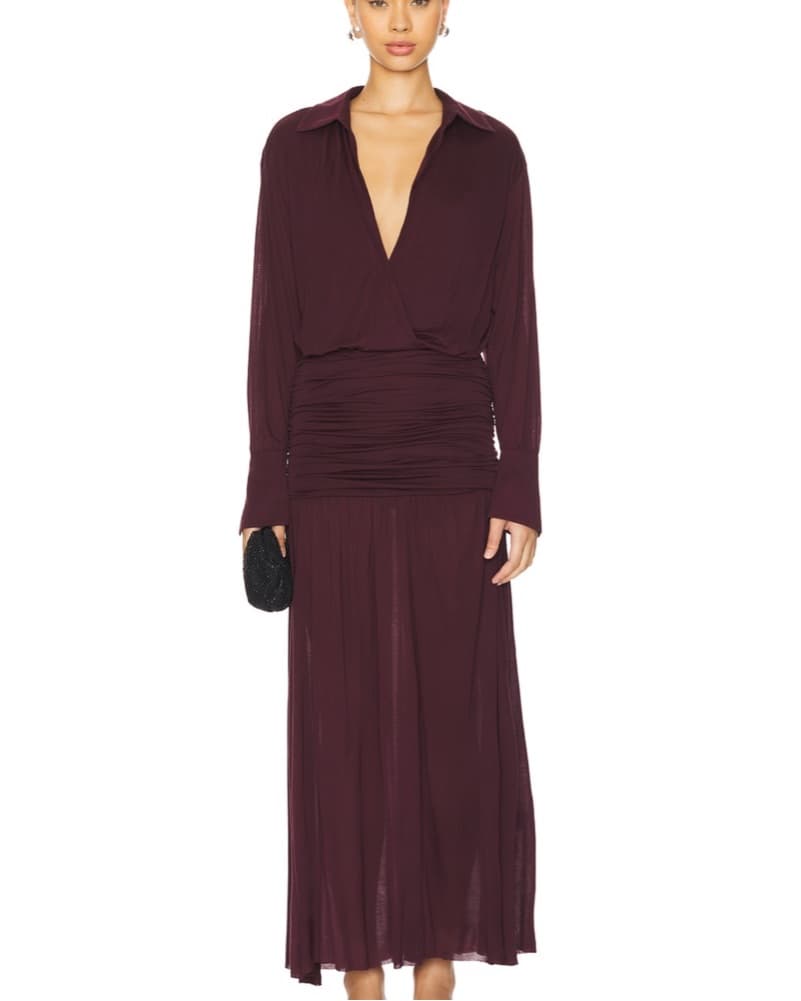 Elegant Ruched Burgundy Midi Dress - Image 1