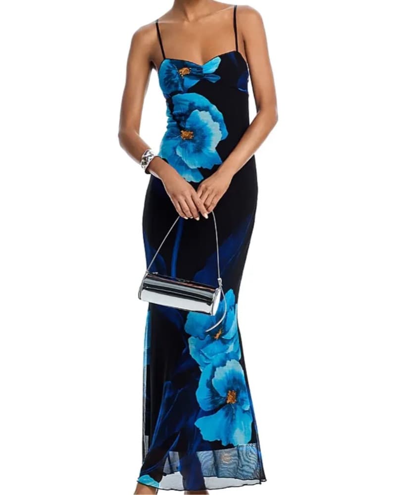 Aqua Floral Mesh Maxi Dress - Image 1