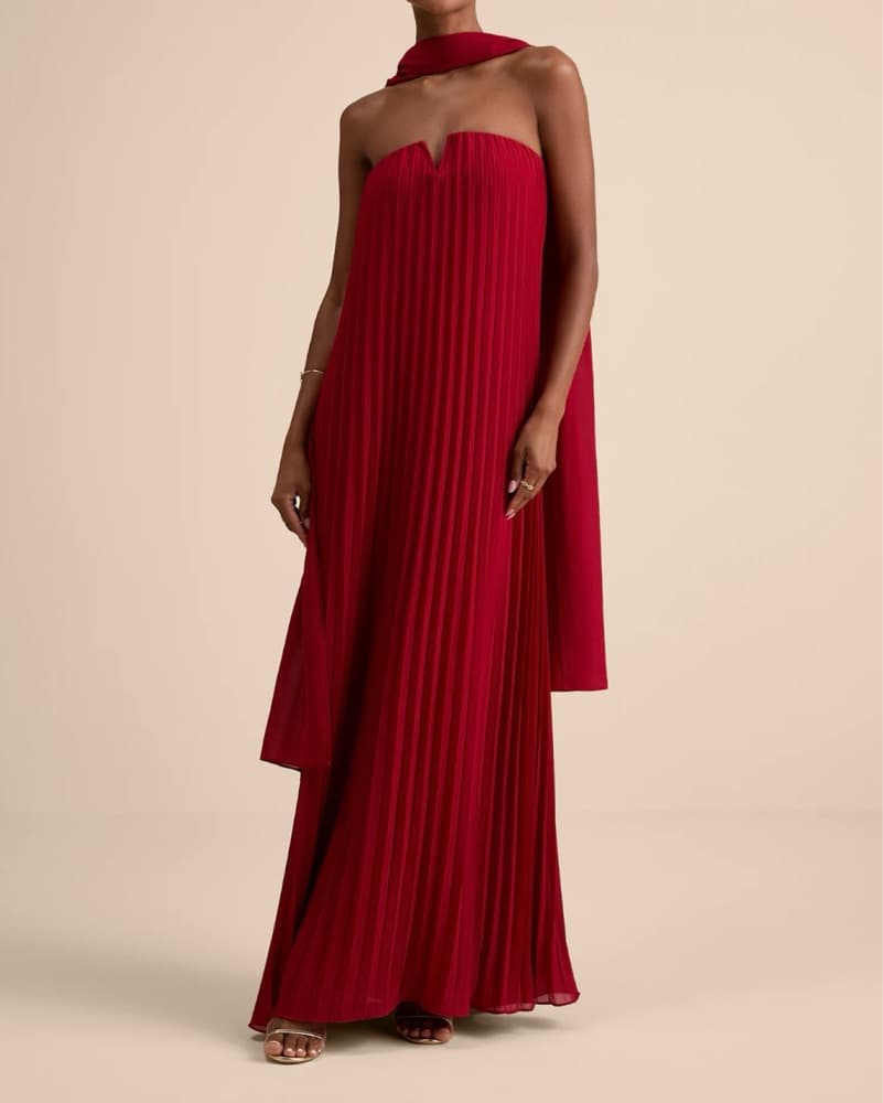 Elegant Pleated Red Maxi Dress - Image 1