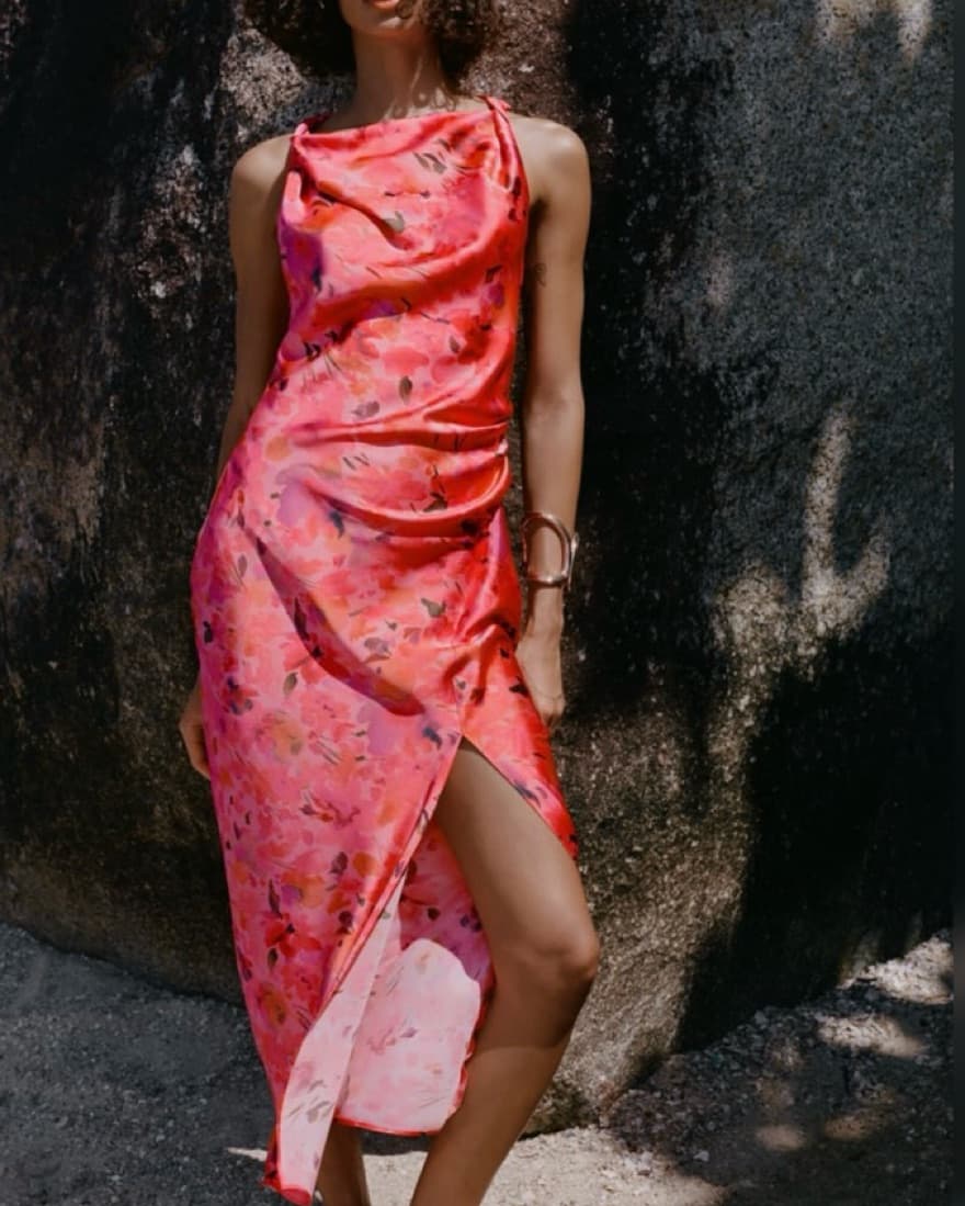 Zara Pink Floral Satin Dress - Image 2