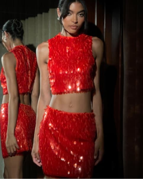 Meshki Red Sequin Crop Top and Skirt Set - Image 2