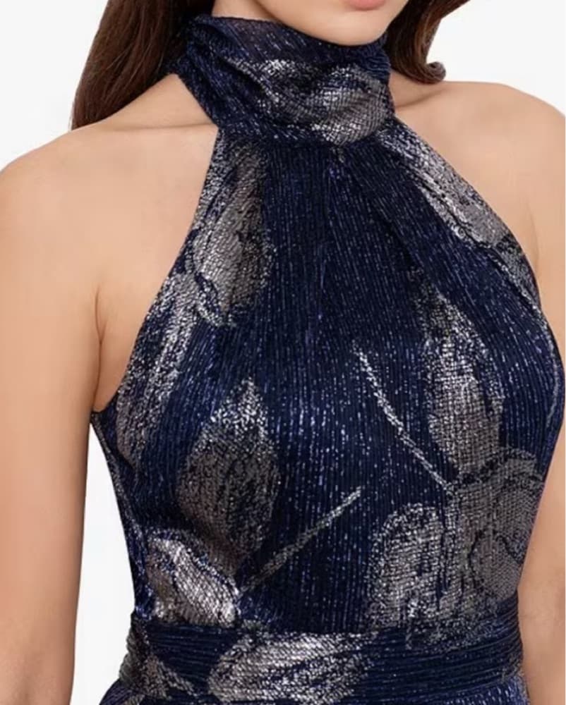 Aqua Formal Metallic Floral Foliage Gown - Image 3