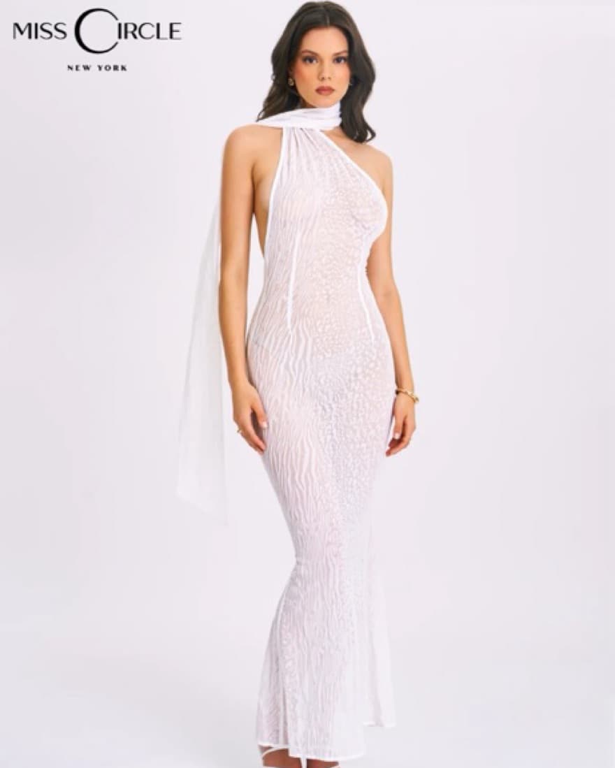 Olena White Animal Mesh Halter MaxiDress - Image 1