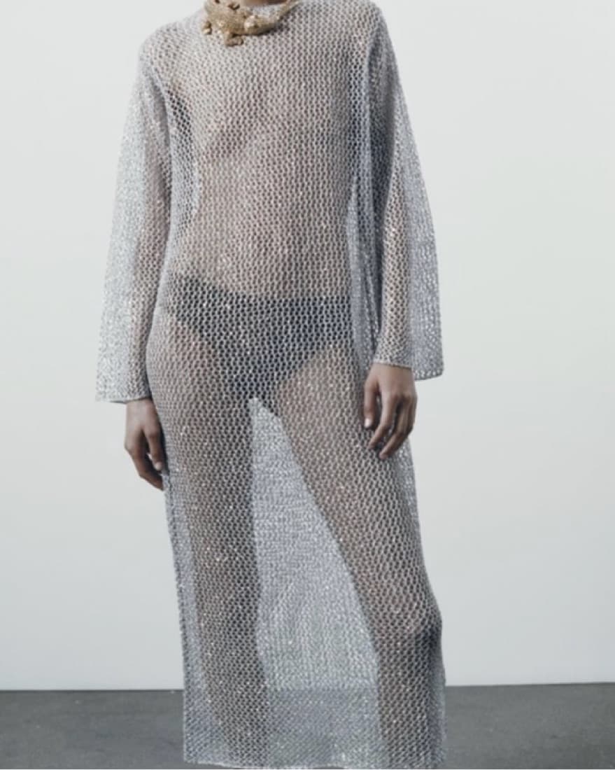 Zara Silver Fishnet Mesh Sequin Dress - Image 1