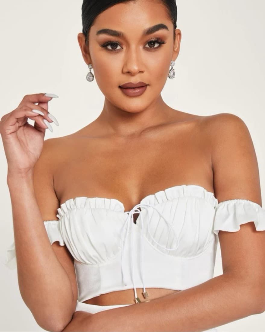White Ruched Off-Shoulder Crop Top - Image 2