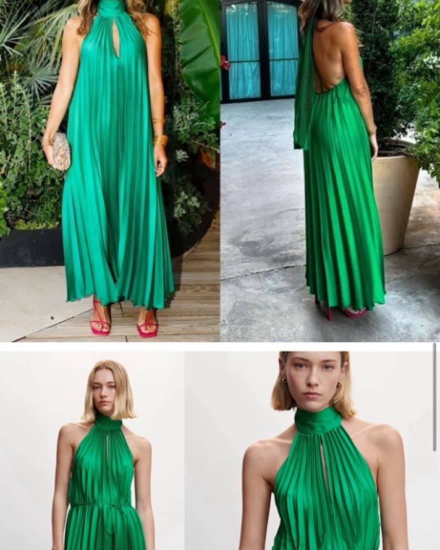 MANGO Green Pleated Tie Neck Halter Midi - Image 4