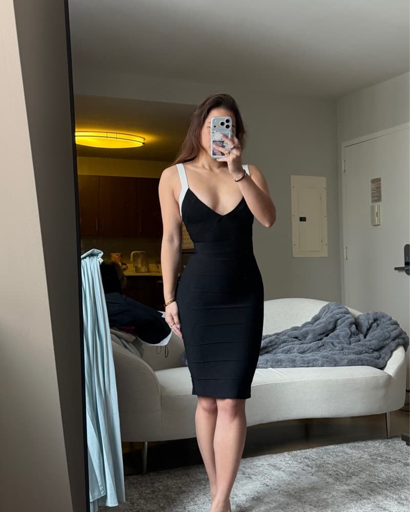 Herve Leger Black White Deep V Dress - Image 4